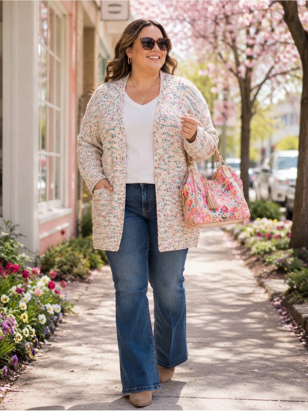 Lands' End Cream Multicolor Speckled Open-Front Cardigan